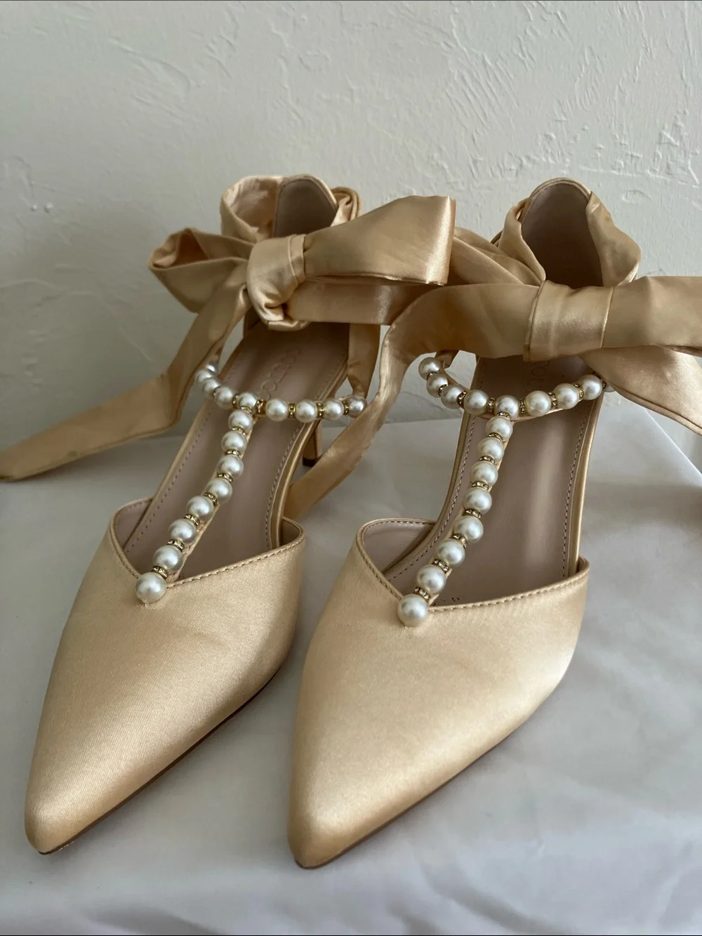 Pearl-T Satin Ankle Tie Pumps in Champagne